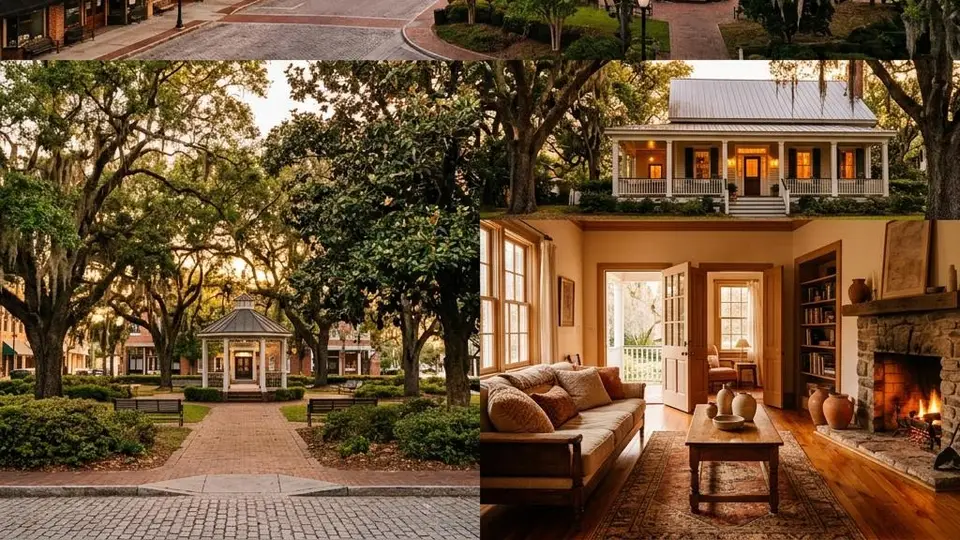 Historic small Southern town square with brick storefronts at golden hour