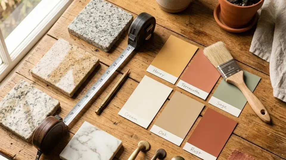 Granite sample chips, tape measure and paint swatches on a wooden table