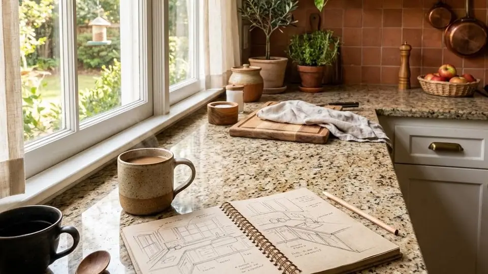 Cozy kitchen corner with a granite counter, coffee mugs and a countertop layout sketch