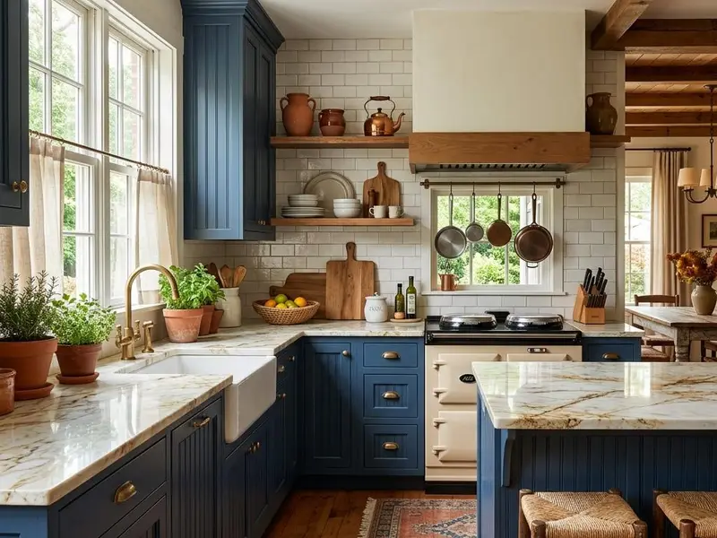 Inspiration kitchen with blue painted cabinets and gold veined granite countertops