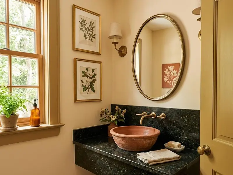 Inspiration powder room with a small dark granite vanity and vessel sink
