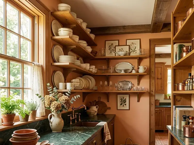 Inspiration butler pantry with green granite countertop and open shelves of dishes