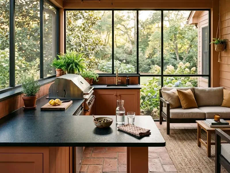 Inspiration screened porch outdoor kitchen with a black granite counter and ceiling fan
