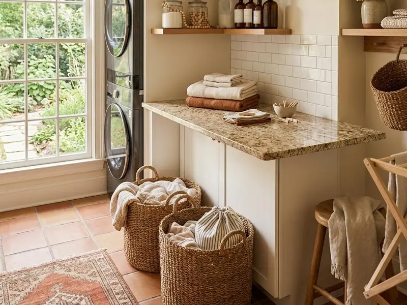 Inspiration laundry room with a granite folding counter above machines and woven baskets