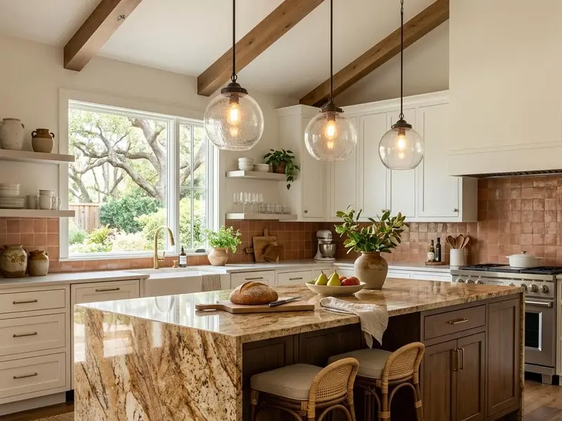 Inspiration kitchen island with a waterfall granite edge in brown and cream tones under pendant lights