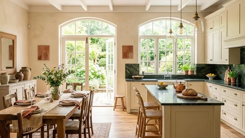 Airy open plan kitchen and dining area with green granite countertops