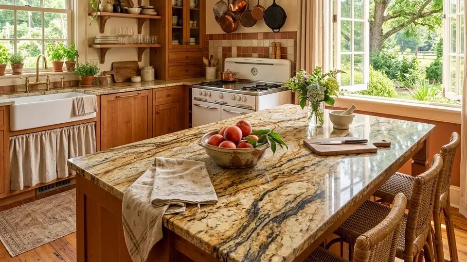 Sunlit kitchen island with warm gold and charcoal granite countertop in a South Carolina home