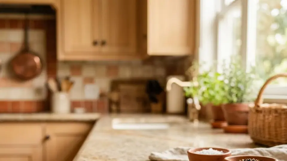 Close view of a granite countertop edge in a softly lit kitchen