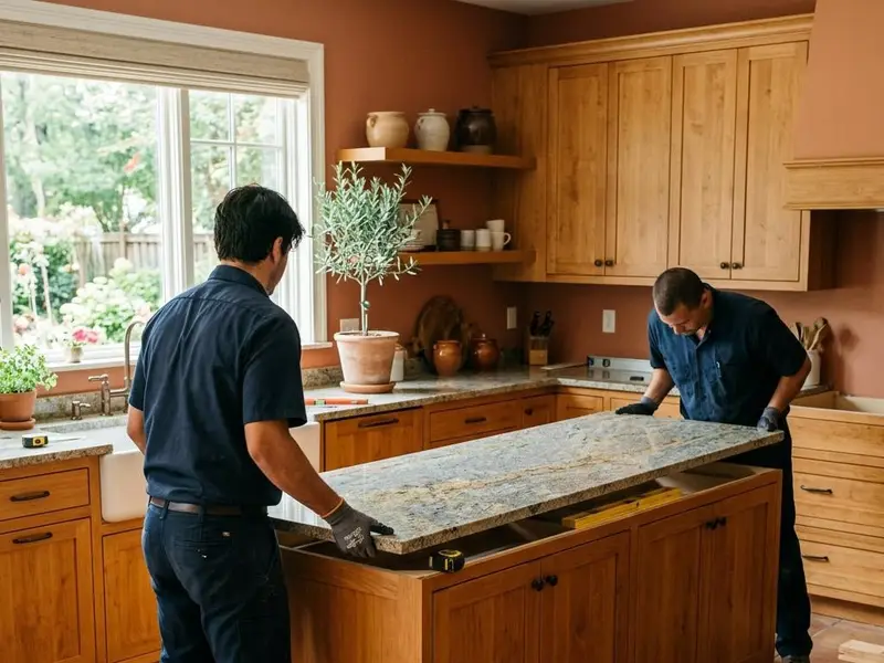 Installers lowering a long granite countertop onto new kitchen cabinets