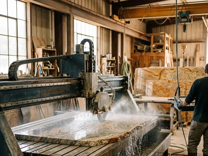 Bridge saw cutting a granite slab under a spray of water in a fabrication shop