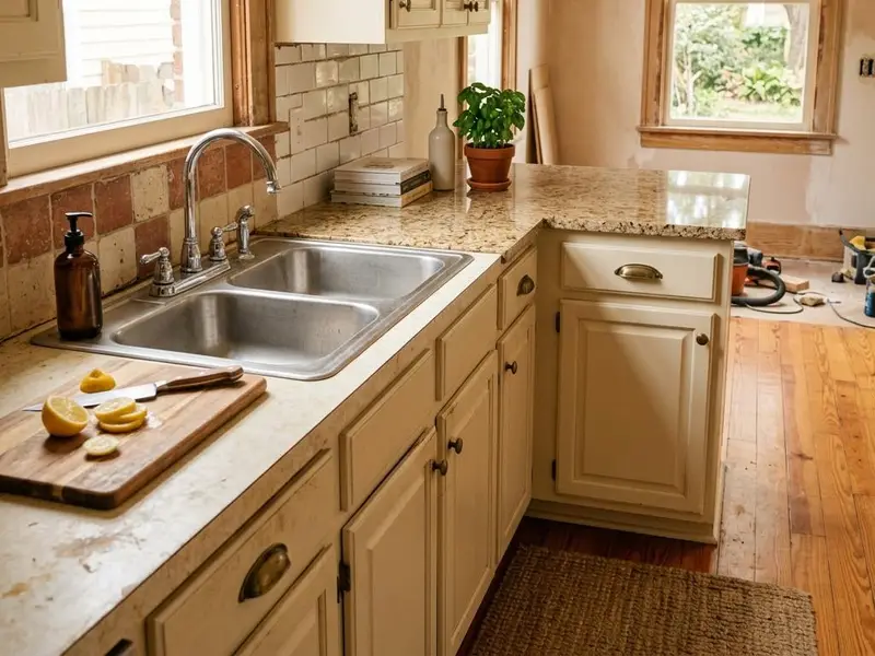 Kitchen mid renovation with an old laminate counter beside a newly set granite top