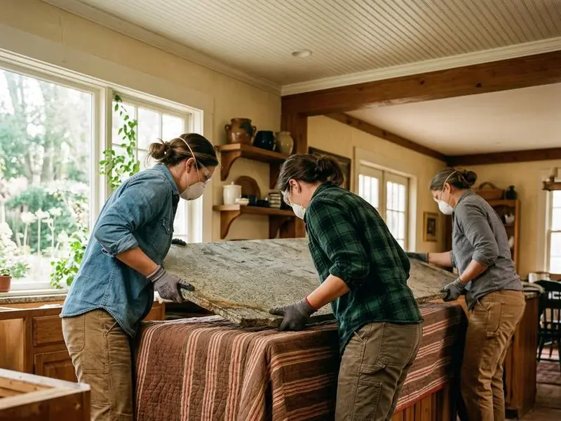 Workers lifting an old granite countertop off blanket protected cabinets