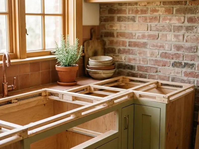 Thin wooden template strips glued into a countertop outline on base cabinets