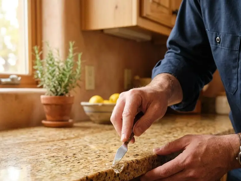 Technician filling a small chip on a granite countertop edge with resin