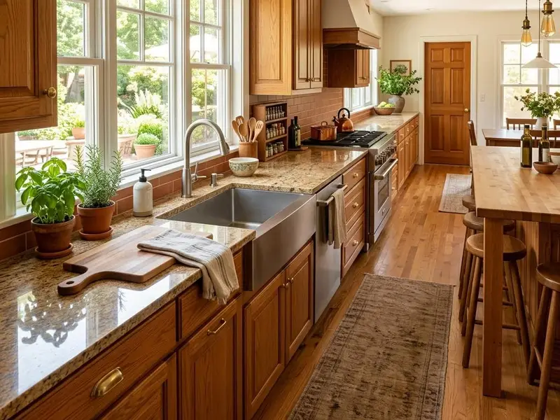 Bright kitchen with long runs of tan and brown granite countertops and an undermount sink