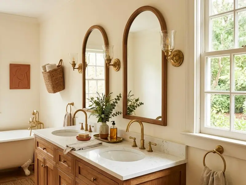 Bathroom double vanity with a white granite top and two oval undermount sinks