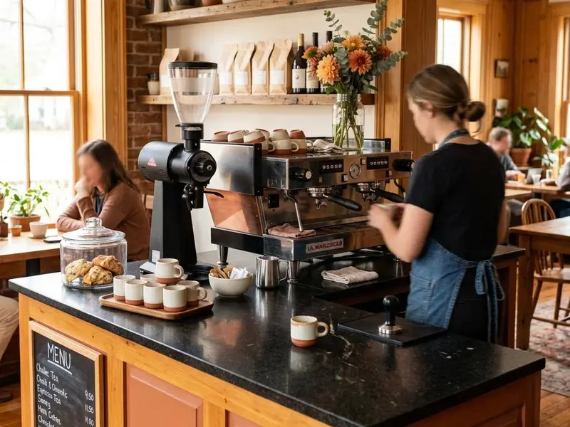 Small cafe service counter with a black granite top and espresso cups