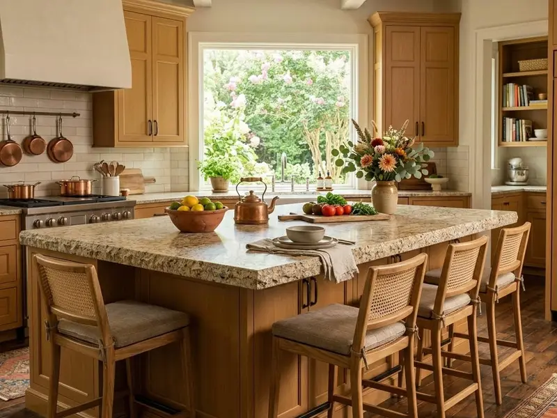 Large kitchen island with a thick granite top, seating overhang and bar stools