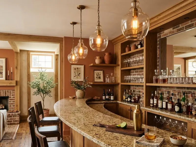 Home basement bar with a curved granite bar top, glassware and pendant lights