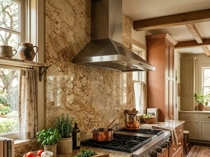 Full height granite backsplash behind a cooktop with a matching countertop