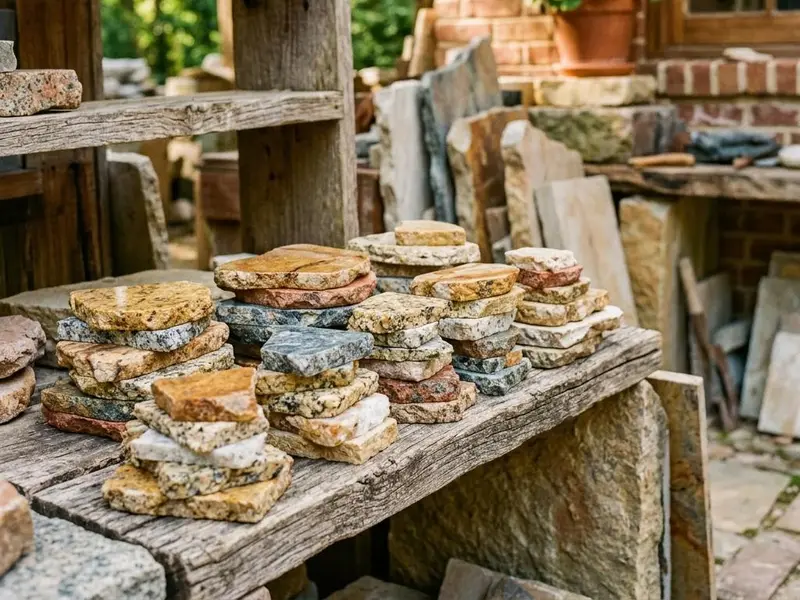Smaller granite remnant pieces with colorful patterns stacked in a stone yard