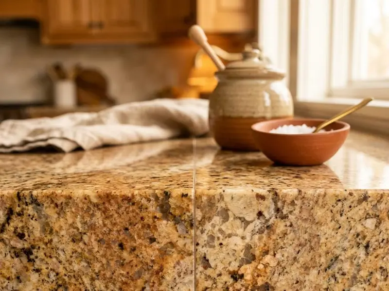 Close view of a nearly invisible color matched seam between two granite pieces