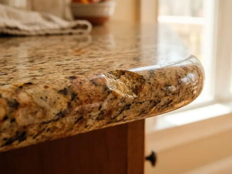 Close view of a small chip on the polished edge of a granite countertop