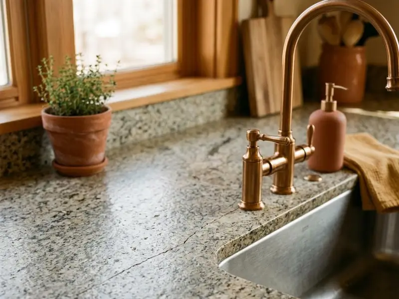 Close view of a hairline crack running through granite near a sink cutout