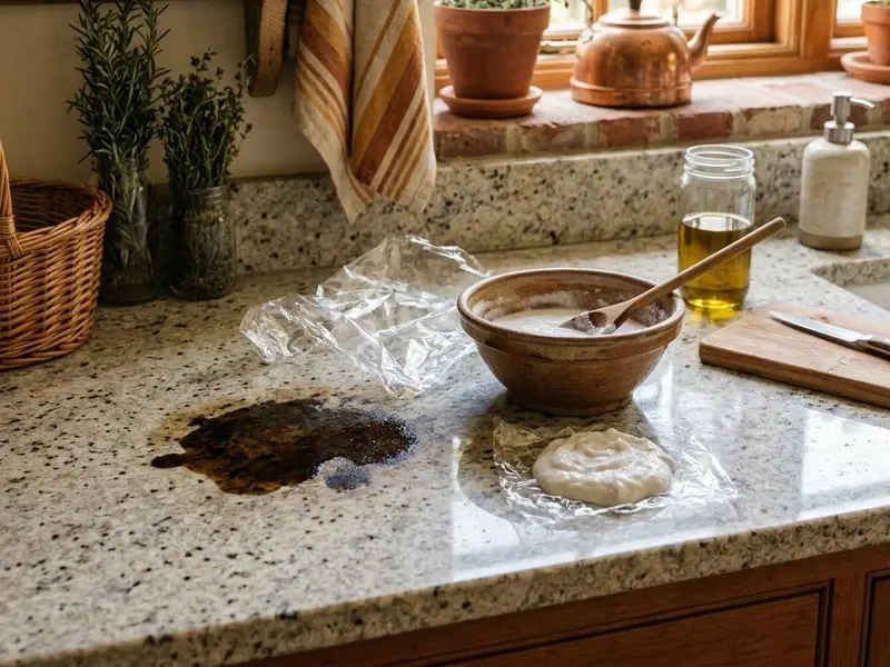 Dark oil stain on light granite with poultice paste and plastic wrap nearby