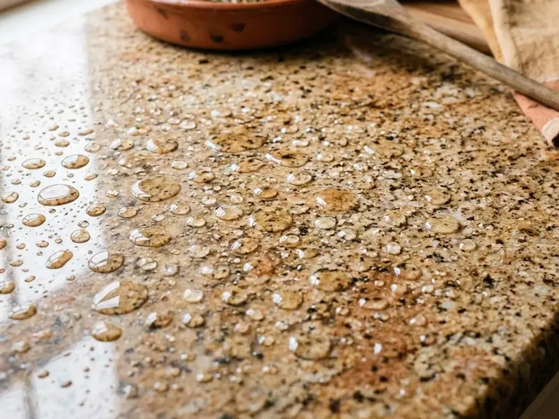 Water beading on a freshly resealed granite countertop