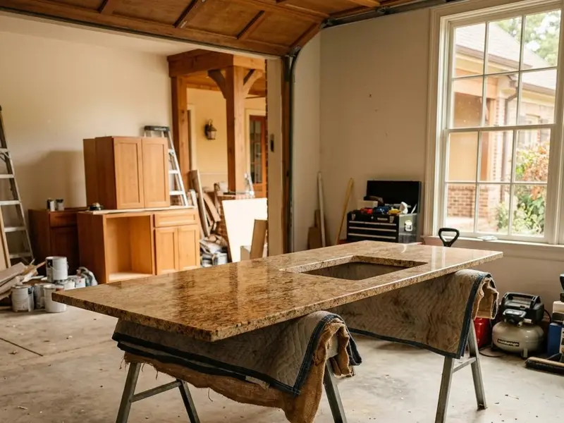 Granite countertop resting on padded sawhorses waiting to be reinstalled