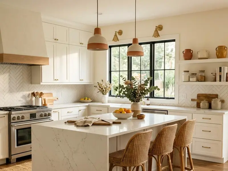 Modern kitchen with white quartz countertops featuring soft gray veining
