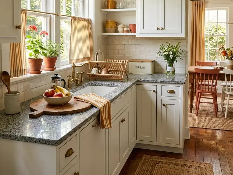 Cheerful small kitchen with a speckled gray granite countertop and white cabinets