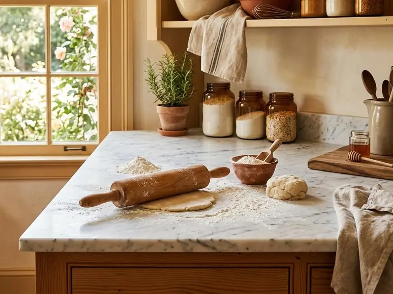 White marble countertop in a baking area with a rolling pin and flour