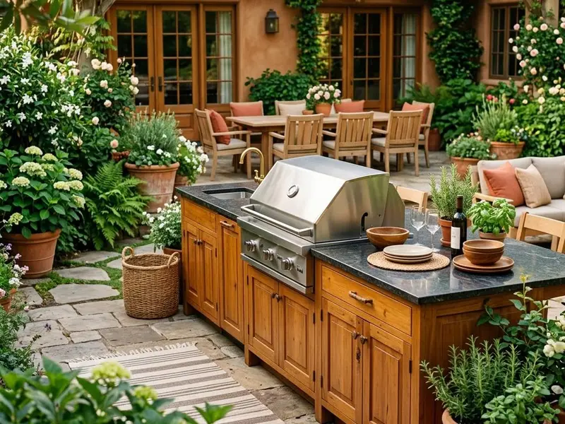 Back patio outdoor kitchen with a granite countertop, grill and lush garden