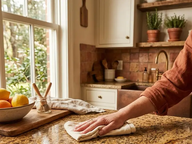 Hand applying stone sealer with a soft cloth across a granite countertop