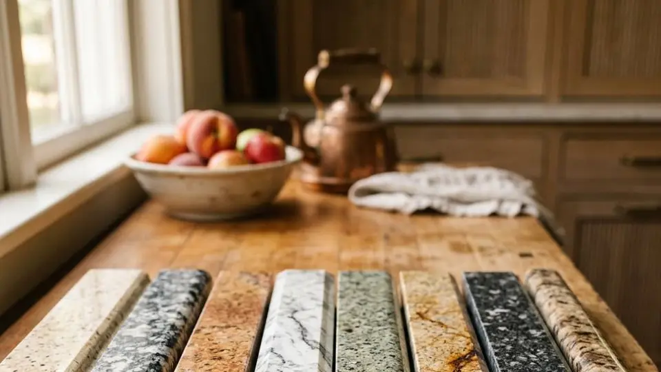 Granite samples in several colors and edge profiles on a wooden workbench