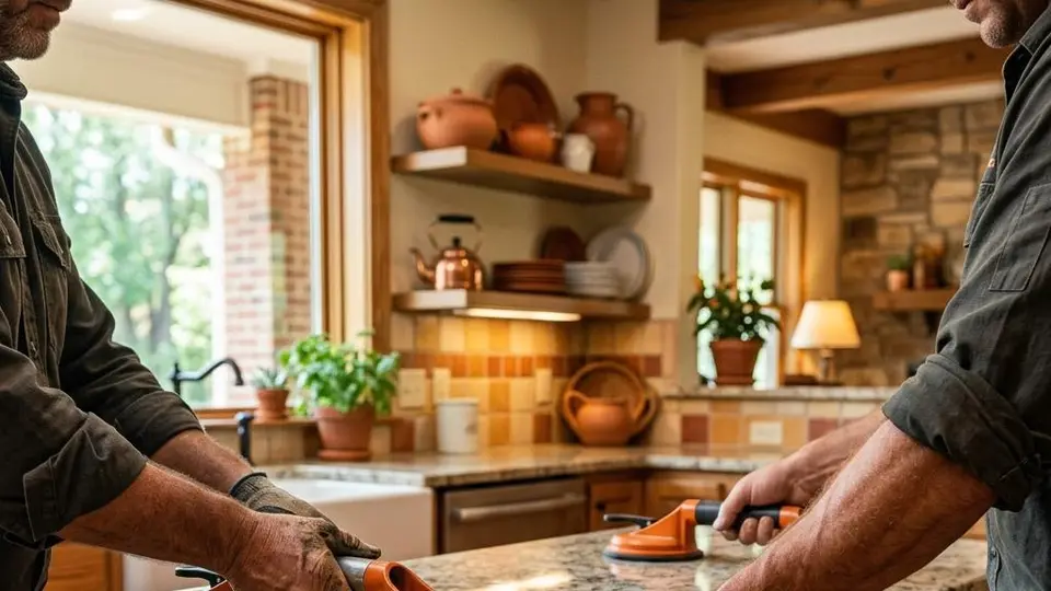 Installers carefully setting a granite countertop onto cabinets